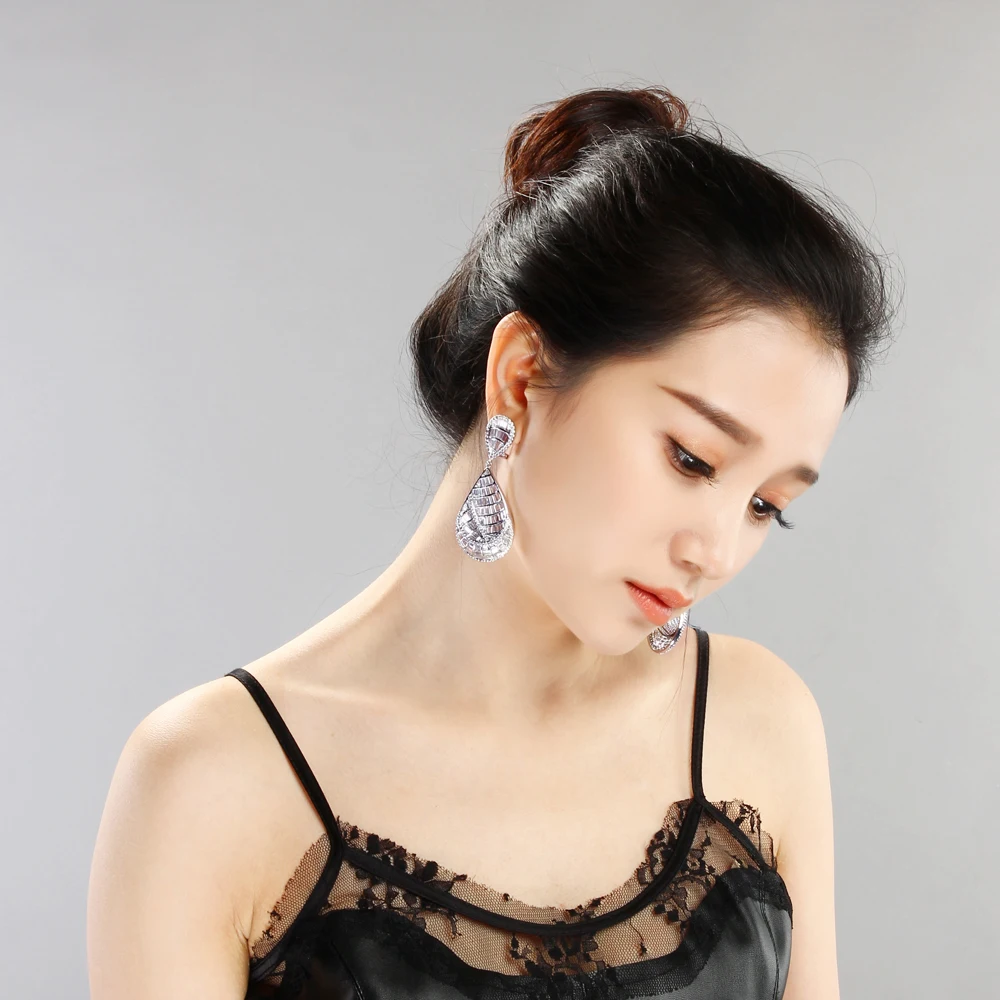 Very beautiful Long big earrings pave AAA cubic zircon crystal Women large dangling earring luxury Jewelry party Accessories