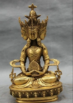 

10" Tibet Brass Buddhism 4 Face Head Longevity Tara Amitayus Buddha Seat Statue