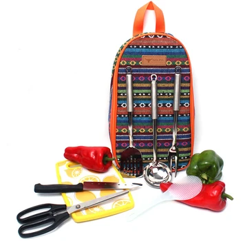 

7pcs/Set Portable Outdoor Tableware Camping Multi Stainless Steel Cookware Spoon Fork Kitchen Knife Chopping Board For Travel