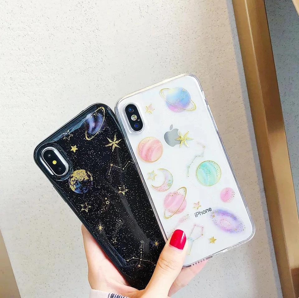 Epoxy Phone Case For iPhone XS XR Max X 5 5S 6 6S 7 8 Plus Planet Star Transparent TPU Back Cover Cases New! |
