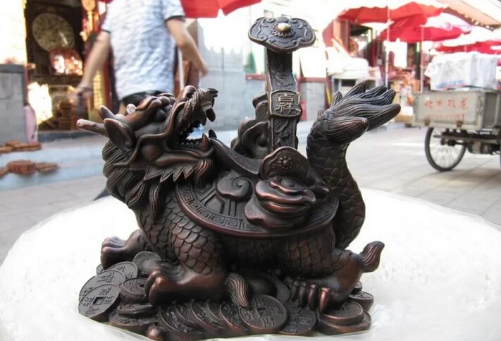 

USPS to USA S0542 China Refined Red Bronze Copper Fengshui Carved Dragon tortoise Play RuYi statue B0401