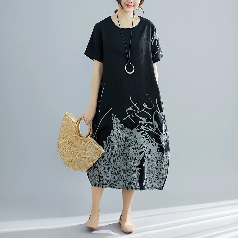 

Fashion 2019 New Women Dresses Casual Cotton Linen Summer Dress Short Sleeve O-Neck Print Chinese Style Loose Vintage Dress