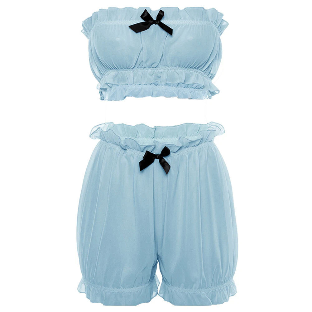 

Women Lace Tube Top Wrap Chest Set Ruffle With Shorts Two Piece Sweet Sexy High Waist Bowknot Falbala Chiffon Summer Beachwear