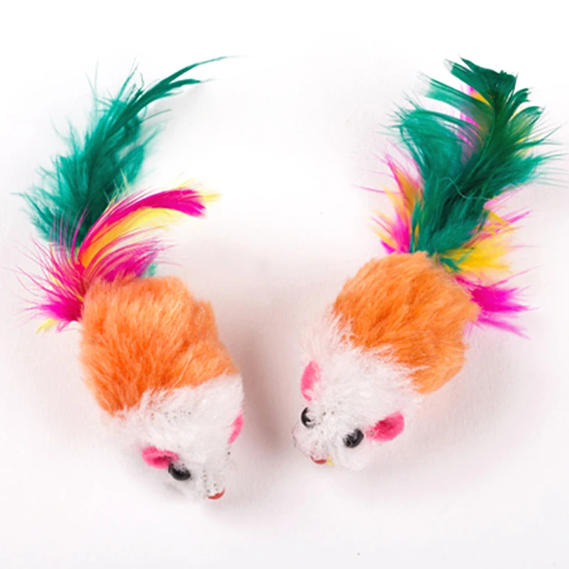 Милые мини-мягкие флисовые Ложные игрушки для кошек с мышкой, красочными перьями, забавные игровые тренировочные игрушки для кошек, котят, товары для щенков питомцев