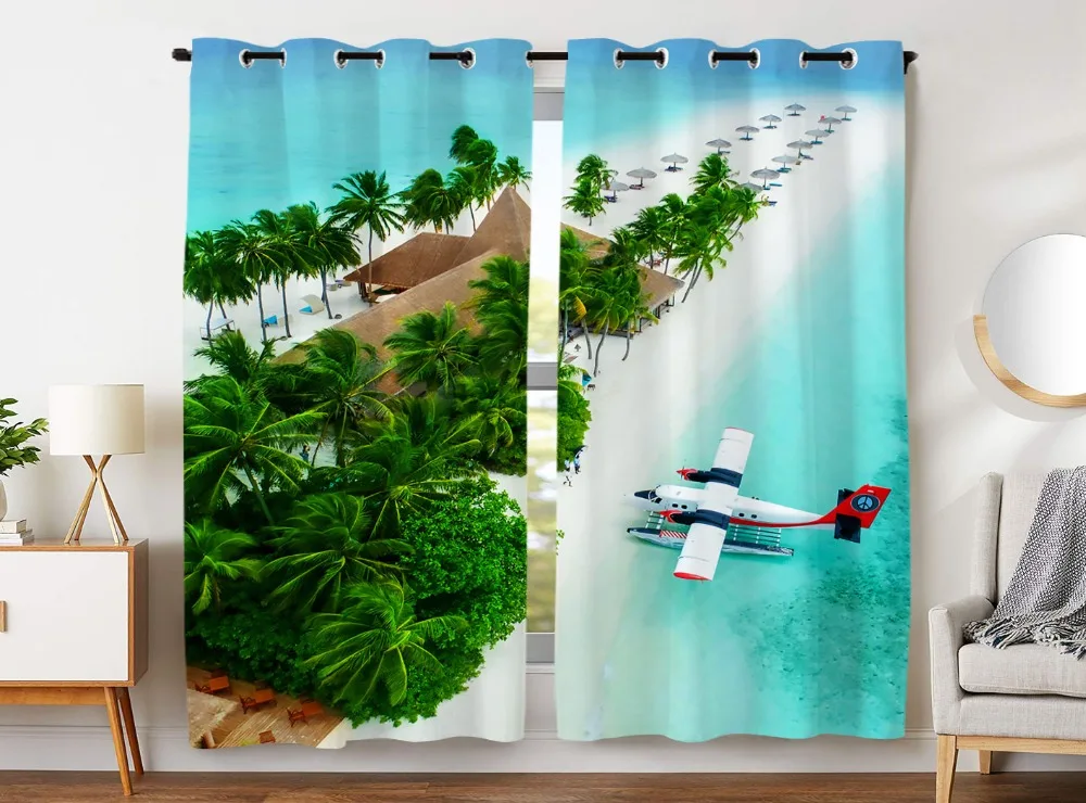 

HommomH Curtains (2 Panel) Grommet Top Darkening Blackout Room Blue Sea Resort Beach Coconut Tree Plane
