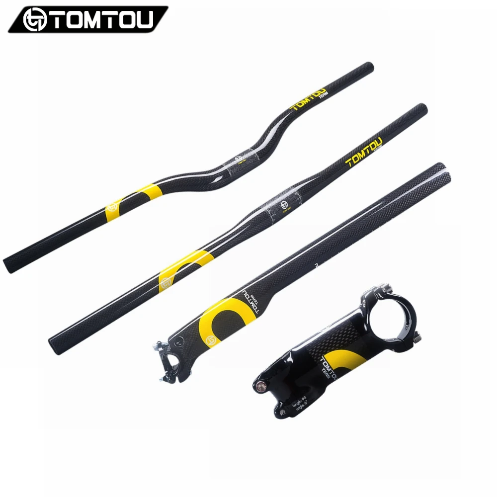 

TOMTOU Cycling Carbon Handlebar Set Bicycle Accessories Bike Parts = Flat/Riser Handle Bar + Stem + Seat Post Yellow - TC2T06