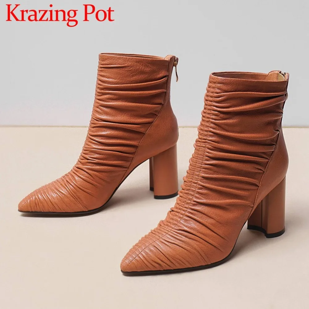 

2018 european designer handmade full grain leather high thick heels high quality pleated design zipper british ankle boots L47