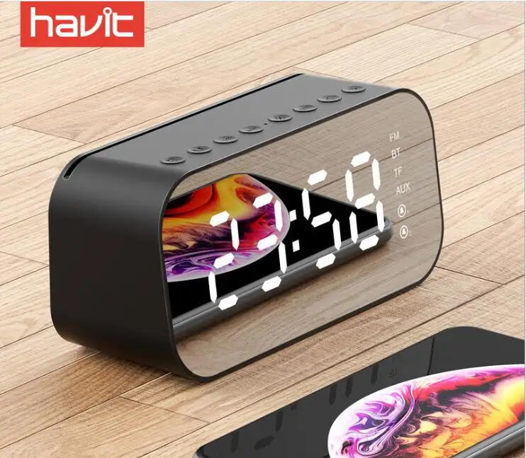 

AZN Havit Wireless LED Alarm Clock Mirror Heavy Subwoofer Home Mini Bluetooth V4.1 Wireless Speaker 10w Power USB MP3 Player