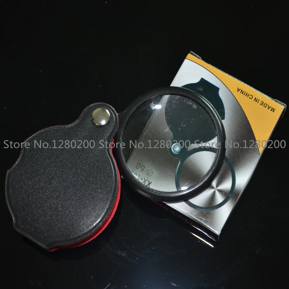 

50mm Glass Optical Lenses Foldable Leather Hand-held Jewelry Magnifier Magnifying Glass Loupe Optical Glass Lens 5PCS