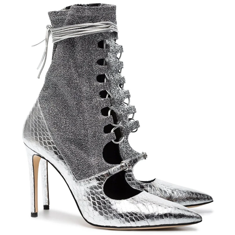 

Shiny Silver Boots Cross-tied Lace-up Ankle Boots 2019 New Spring Pointed Toe Sexy Lady Party Wedding High Heels Snakeskin Heels