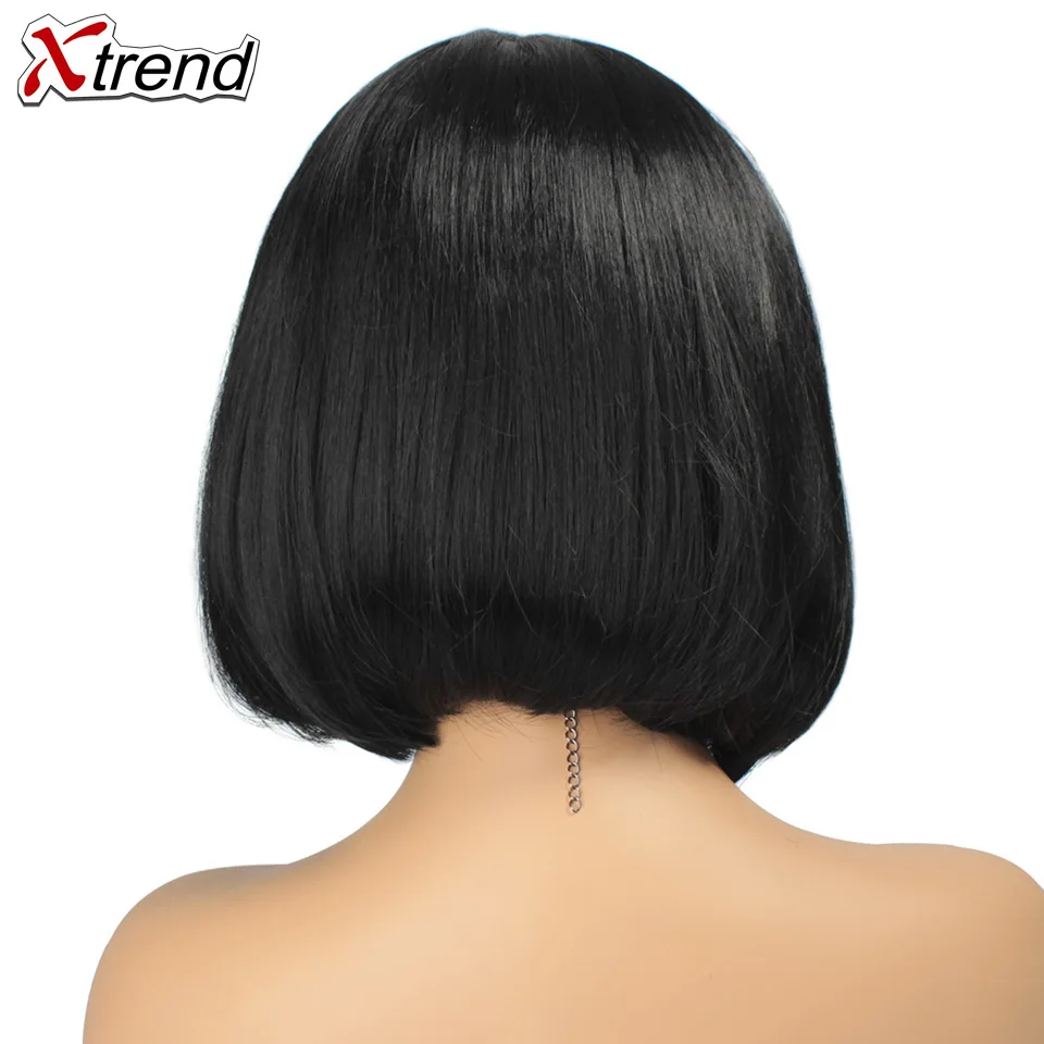 Xtrend Short Wig Perruque Wigs With Bangs For Black Women Peruca Synthetic Black Pink Grey Straight Hair Bob Style Pelucas