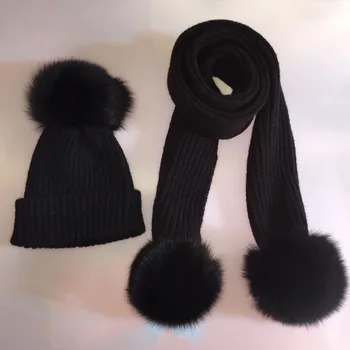 

Warm women's winter hats scarves knitted Scarf and Hat Set British style Wool Crochet Cap Raccoo Fox fur pompom hat scarf
