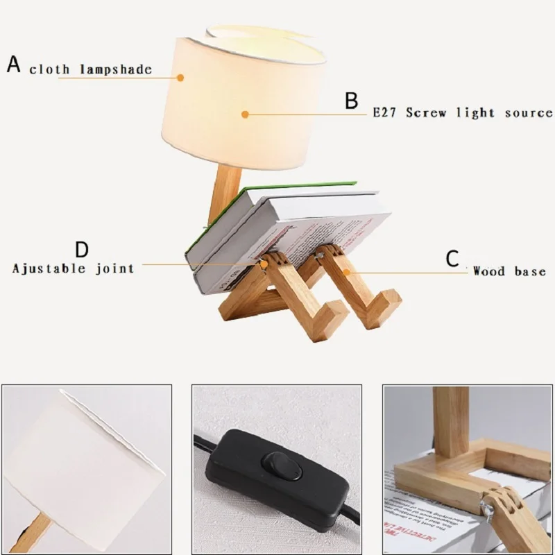  EU/US Plug Adjustable Desk Light Fabric Wooden Robot Shape Table Lamp Flexible Folding Reading Ligh