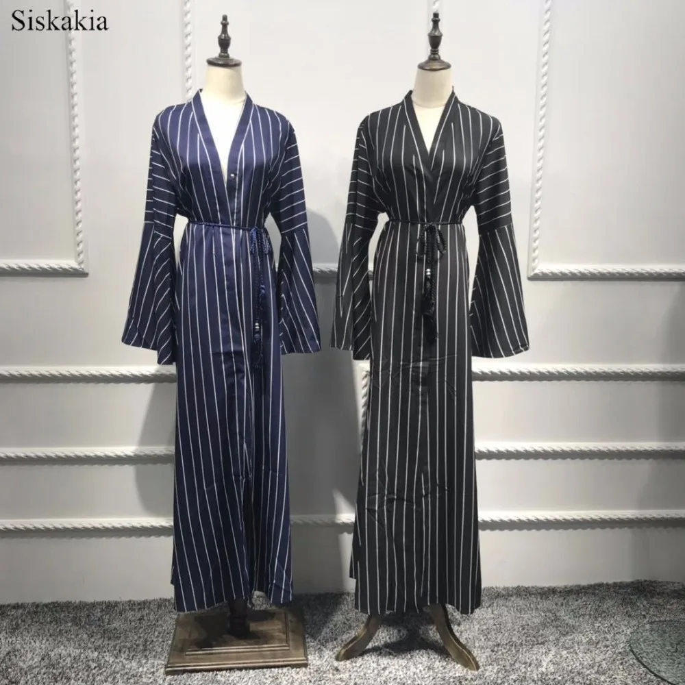 Siskakia Muslim Elegant Stripe Patchwork Single breasted Cardigan Robe Abaya Women Eid High Waist Flare Sleeve Slim Sashes Abaya (12)
