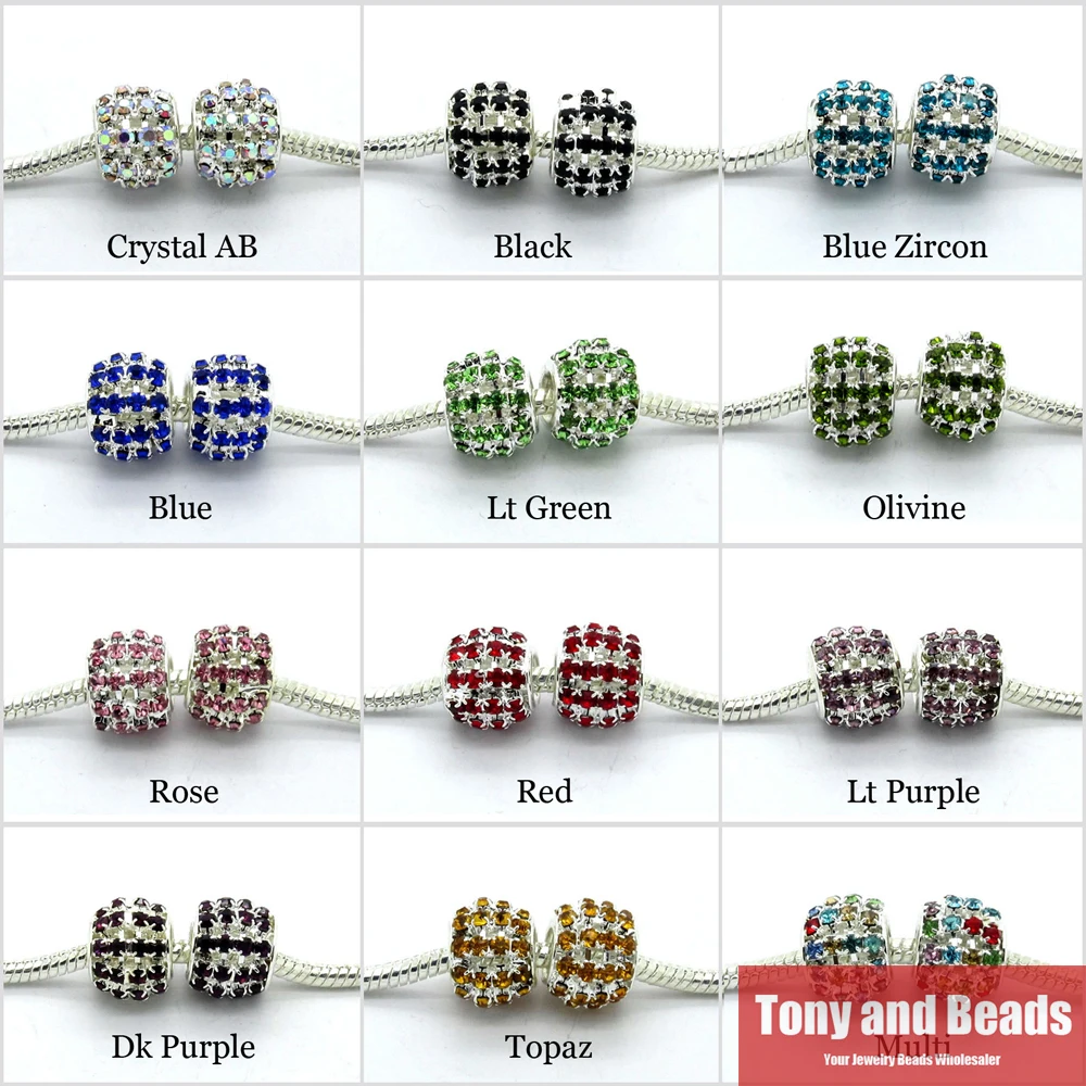 

( 5Pcs=1Lot ! ) Free Shipping Silver Plated Copper Metal Rhinestone Crystal Big Hole European Beads Charm Flt Bracelet No.RB16