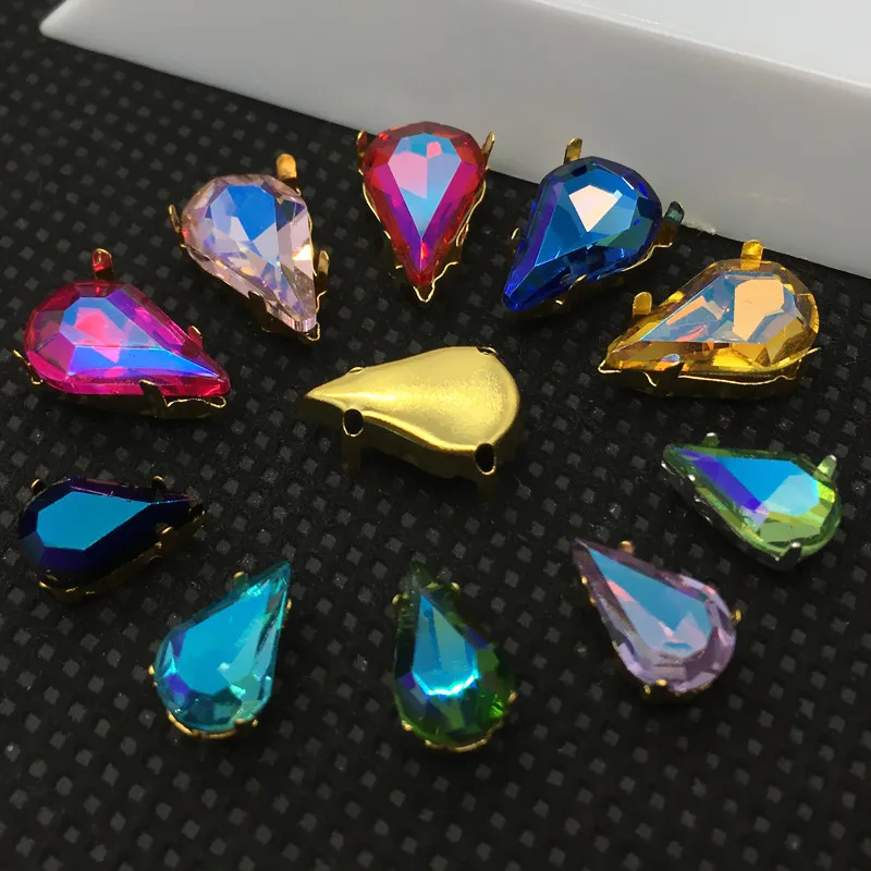 

pink ab,red ab,violet ab....8x13mm Teardrop Crystal Fancy Stone with Gold Color Claw Setting Droplet Sewing Glass Crystals Beads