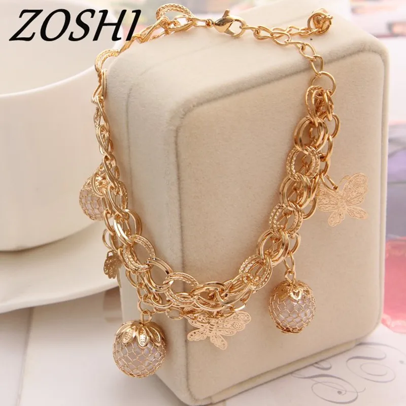 

ZOSHI Gold Palted Multilayers Chain Bracelet Women Handmade Charm Bangle Mini Butterfly Pendant Simulated pearl Wrist Bracelet