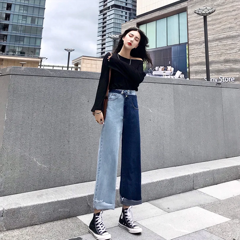 spring New style mock two-piece contrasting color stitching jeans women's Hong Kong-style slimming straight-cut ankle-lengt