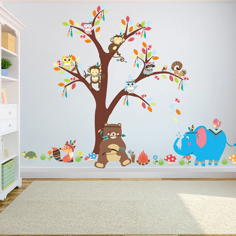 

Owls Monkey Bear Elephant Tree Wall Stickers For Kids Rooms Living Room Children Bedroom Cartoon For