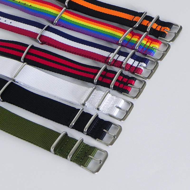 

Colorful 18mm 20mm 22mm Men Women Fashion Watchband Nylon Canvas Strap ZULU Buckle Striped Replacement Wristwatch Band