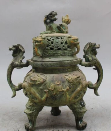 

JP S0089 10" Marked Chinese Bronze Gilt Dragon Lion Beast Incense Burner Censer Statue R