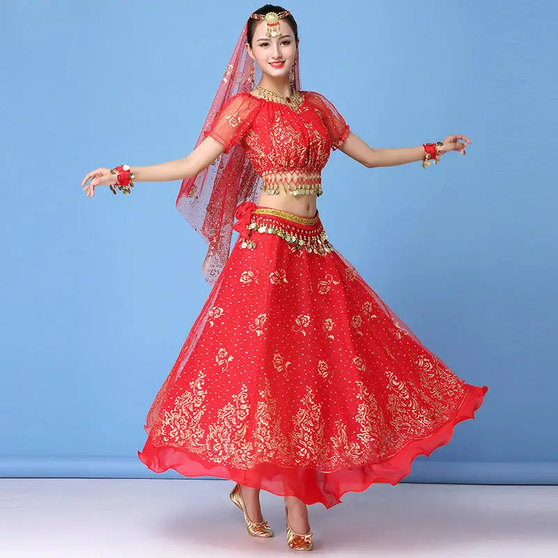 Женская танцевальная одежда сари производительность индийская одежда Болливуд набор костюма для танца живота(топ+ пояс+ юбка+ вуаль+ головной убор - Цвет: Red short sleeves