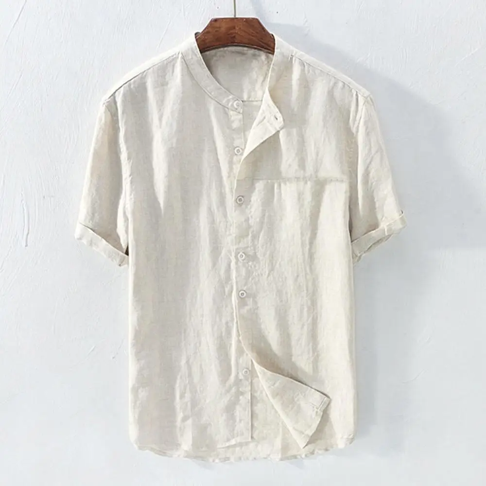 Summer Men Casual Shirt Tops Men's Baggy Cotton Linen Solid Color Short ...