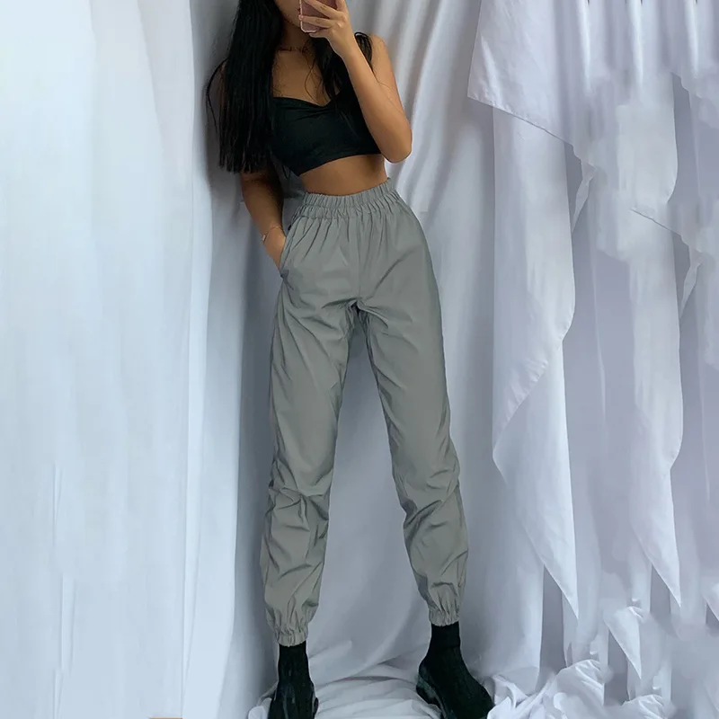Shestyle Reflective Gray Casual Jogger Pants Women Pocket High Waist Loose Solid Cargo Pant Female 2019 Summer Autumn Streetwear Shestyle Reflective Gray Casual Jogger Pants Women Pocket High Waist Loose Solid Cargo Pant Female 2019 Summer Autumn Streetwear