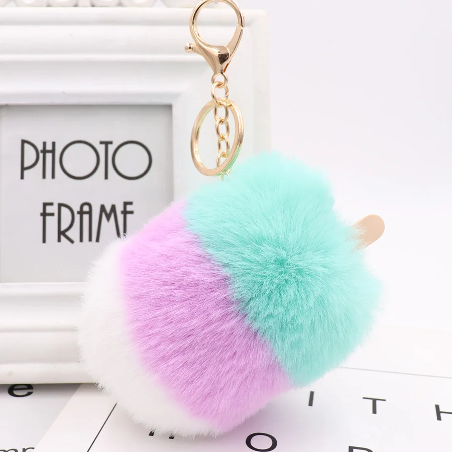 cheap 2018 Faux Fluffy Puff Ball Ice Cream Summer Pompom Keychain Women handBag Bunny ear Key Chain car Keychains Holder Jewelry