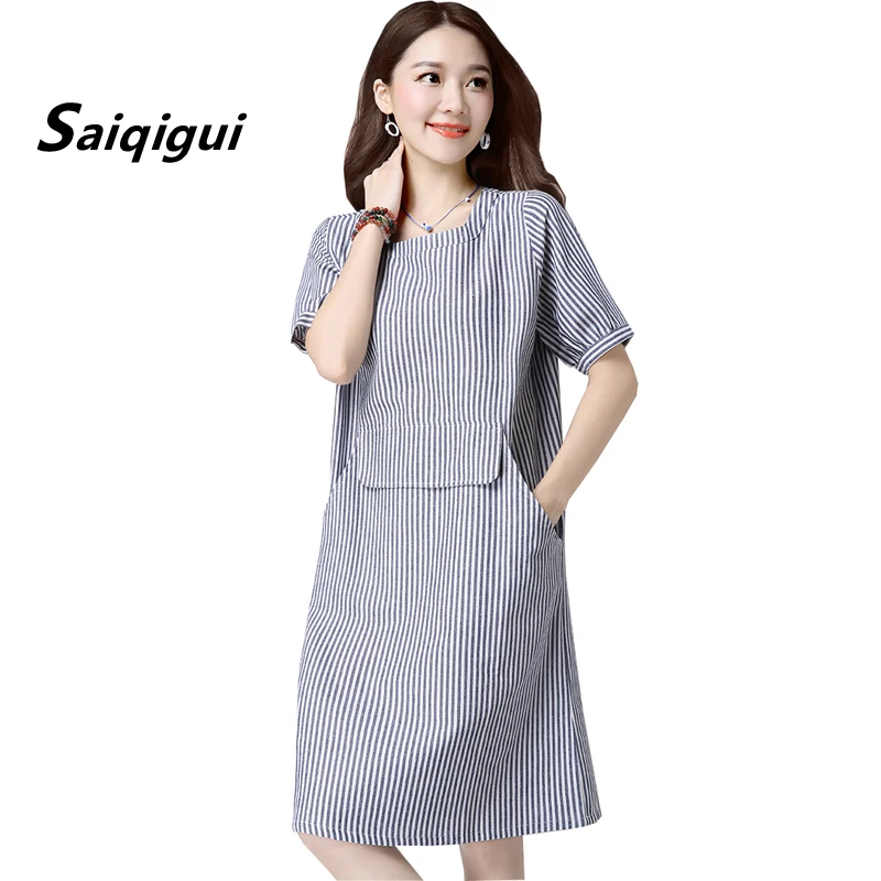 Женское свободное платье из хлопка и льна с коротким рукавом|vestido de festa|linen dresscotton