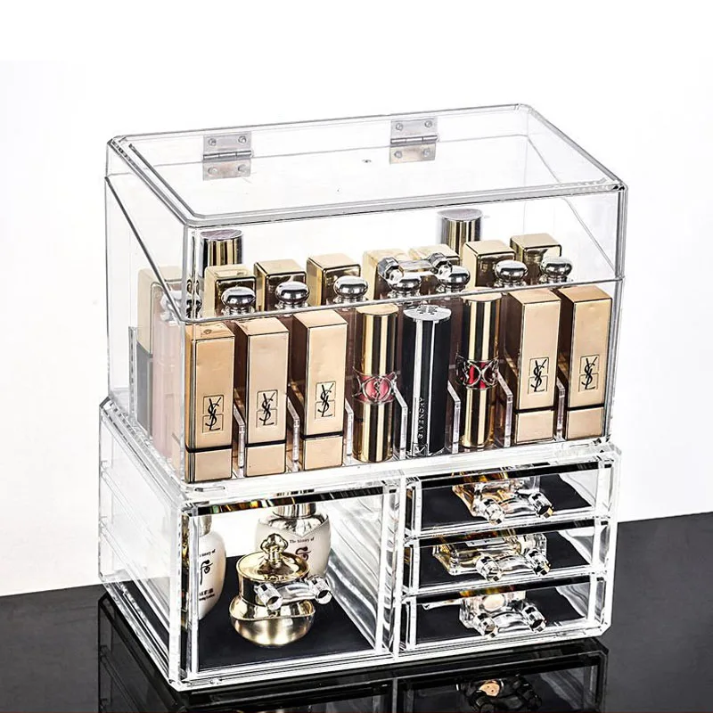 

Large Capacity Makeup Organizer Lipstick Storage Box With Cover Dust free Cosmetic Organizer box With Drawer Clear Acrylic Case