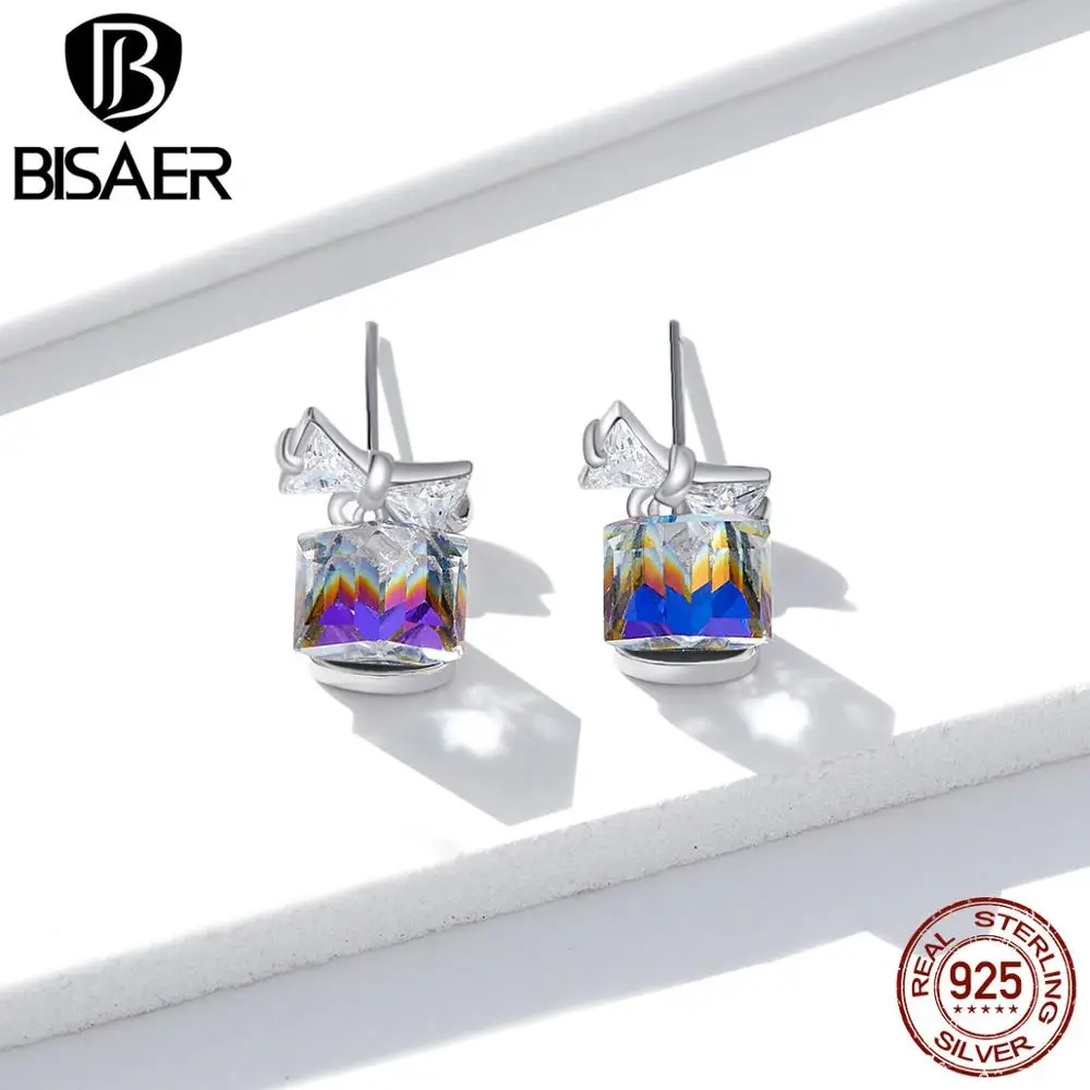 

BISAER Luxury 100% 925 Sterling Silver Austrian Crystal Cubic Zirconia Blue Dream Drop Earrings For Women Fashion Brincos GAE213