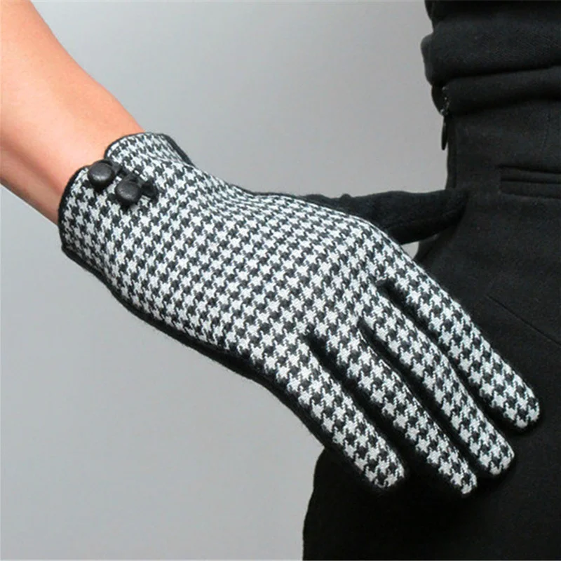 Gloves Houndstooth Super Premium European Edition Black Leather Buckle Wool Rabbit Fur Blend Elegant Retro Women Short TB106