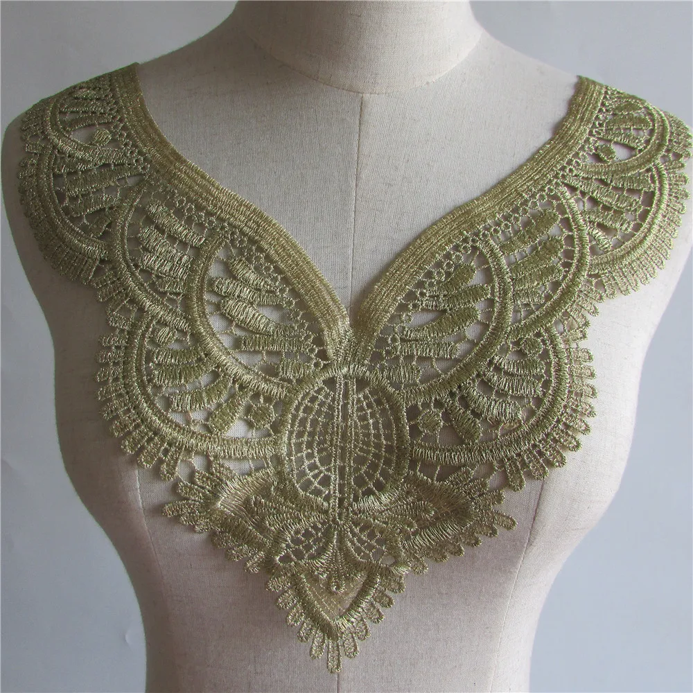 

golden Embroidered Lace Collar Neckline Venise Applique Embroidery on Patches Sewing Fabric DIY Trim Clothing Accessories YL199