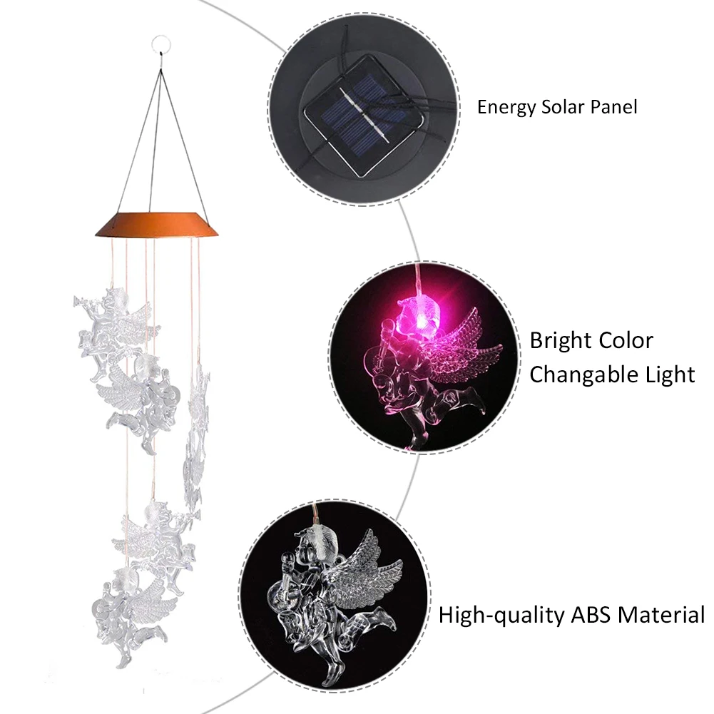 Светодиодный, солнечный, меняющий цвет, ангел, кукла в форме колокольчика, украшение для дома и сада, ветряные колокольчики