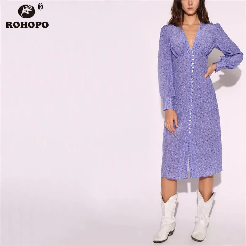 

ROHOPO Purple Tiny Printed Floral Midi Dress Autumn Long Sleeve Flower Straight Dress Preppy Girl Single Breast vestido #LT2057