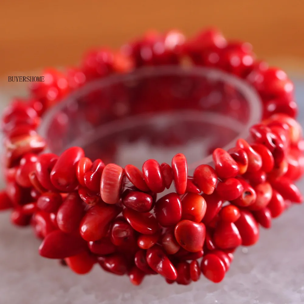 

Free Shipping Fashion Jewelry Stretch Red Coral Weave Chip Bracelet 7" 1Pcs H047