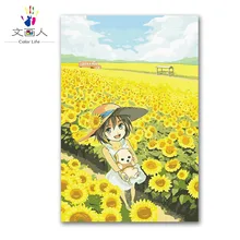 Подсолнухи девушка в поле живопись по номерам нарисованные красками картина холст живопись по номеру Современная hoom комната decoratio
