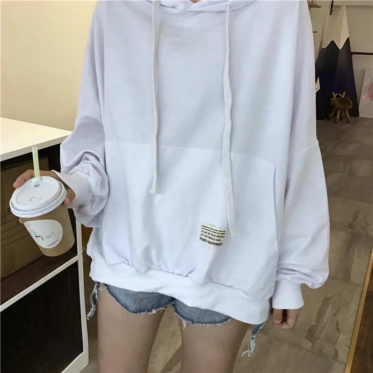 Толстовки Женские однотонные Kawaii Drawstring с капюшоном модные корейские с длинным рукавом женская одежда простая повседневная свободная