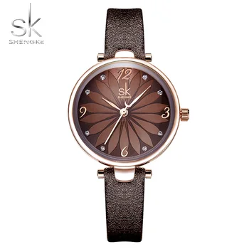 

Shengke Leather Watch Flower Dial Women Quartz Wristwatches Fashion Analog Women Watch Casual Ladies Watches Reloj Mujer 2019