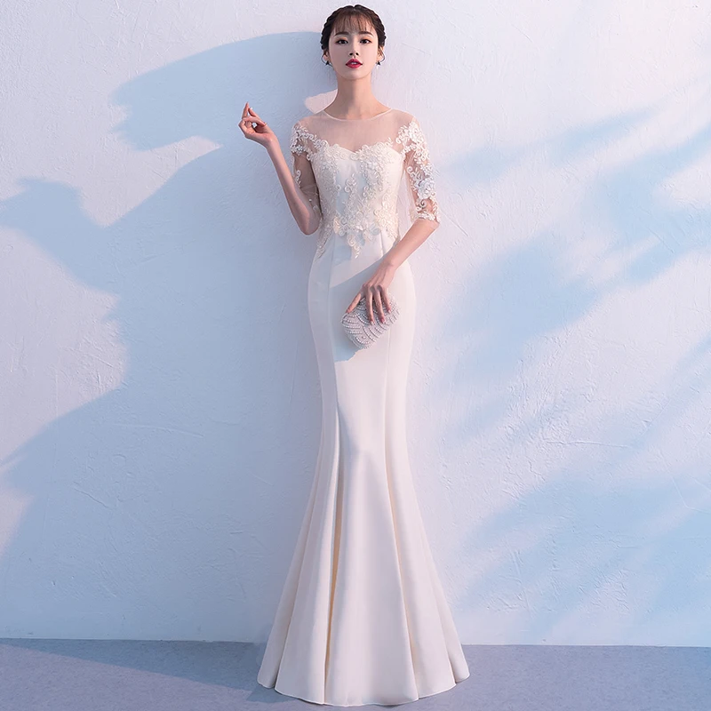 

White Vintage Mermaid Lace Long Evening Dresses Half Sleeves scoop neck long appliques evening dress prom dress gaun malam