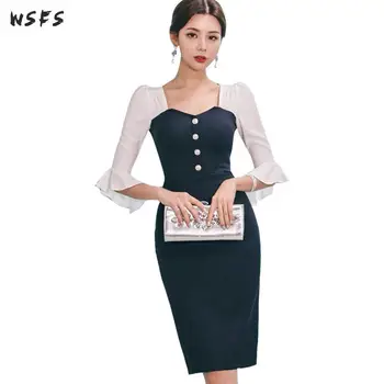 

Summer Black Dress Flare Sleeve Women Dresses Bandage Office Ladies Ruffles Elegant Vintage Sexy Party Pencil Midi Wrap Drss