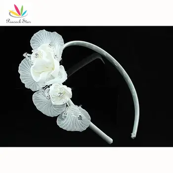 

Peacock Star Bridesmaid Bridal Wedding Party Quality White Flower Satin Crystals Headband Tiara CT1365