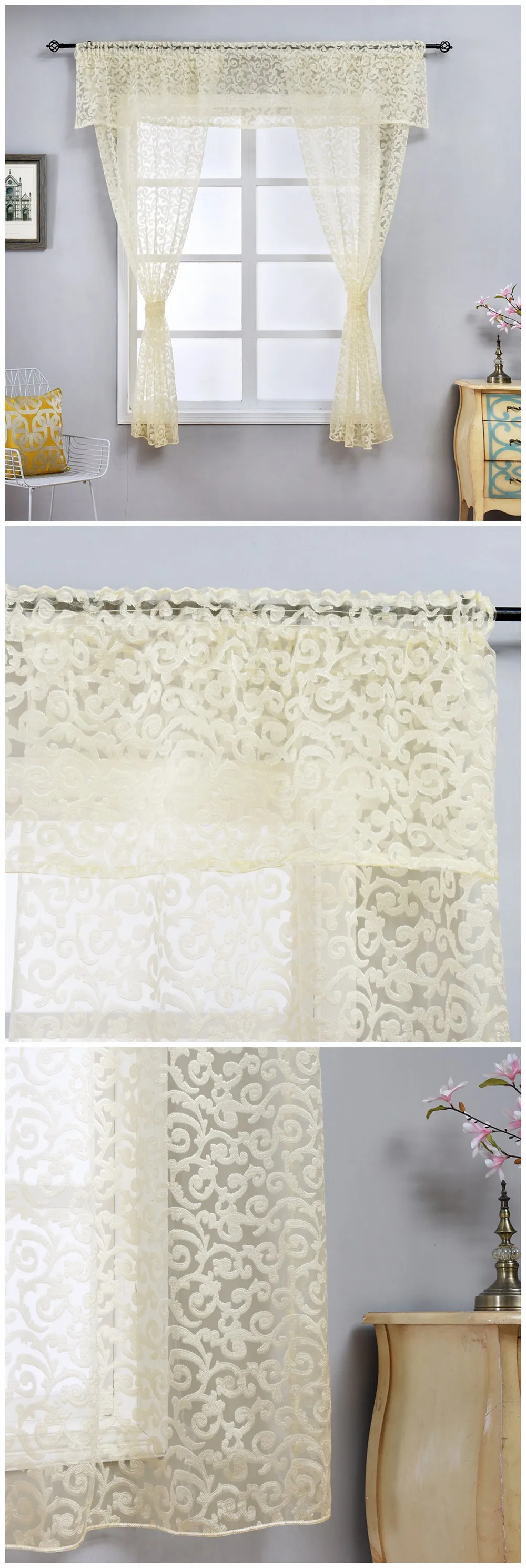 Smt293-1 NAPEARL Floral Leaves Jacquard Short Tulle Drops Valance Set Kitchen Windows With Ropes Cream Color Rustic Decor Fabric Circle