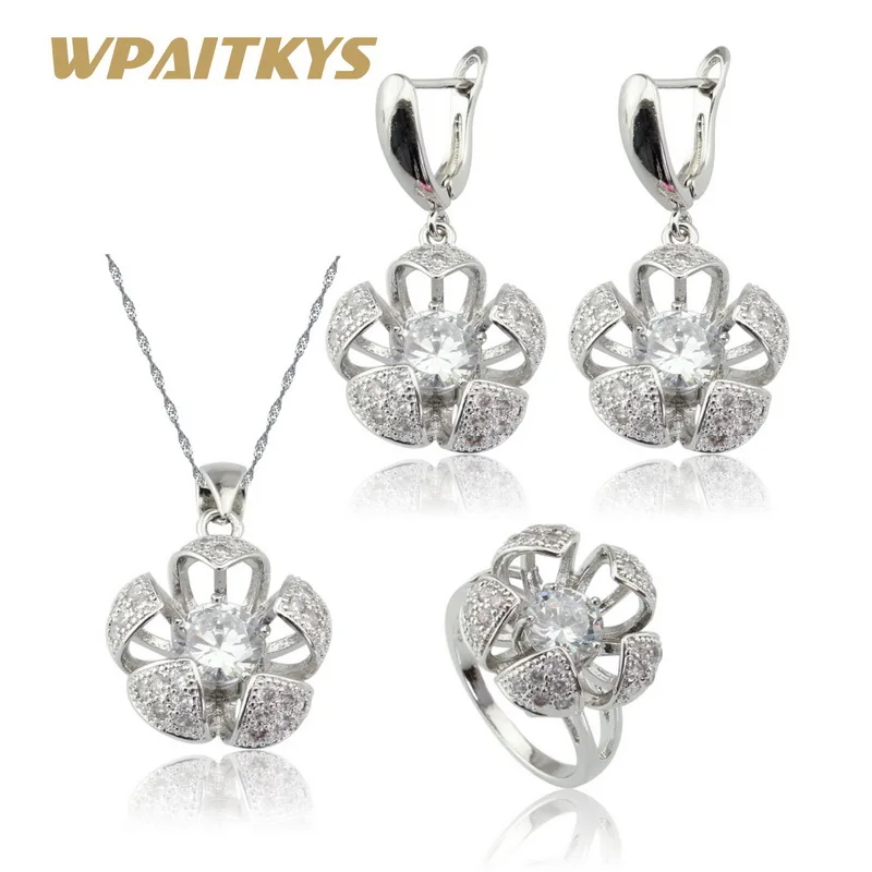 

WPAITKYS 2017 New Flower White Cubic Zirconia Women Silver Color Bridal Jewelry Sets Necklace Pendant Earrings Rings Gift Box