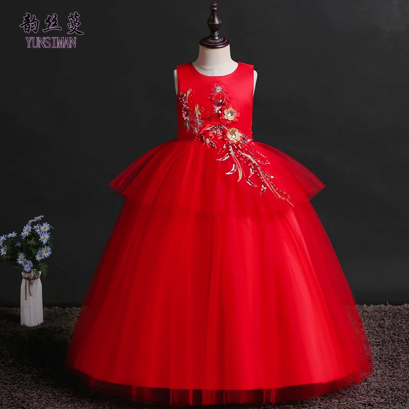 

Spring Elegant Kids Long Dress for Girls Wedding Birthday Party Flower Embroidery Blue Red Princess Costume 4 to 14 Years 1K46A