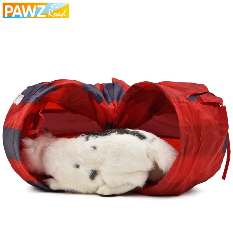 PAWZRoad Pet Cat Play Tunnel Toys Red-Gray Collapsible 2 Holes Cat Tunnel Play Crinkle Sound Cat Small Animal Rabbit Play Tunnel