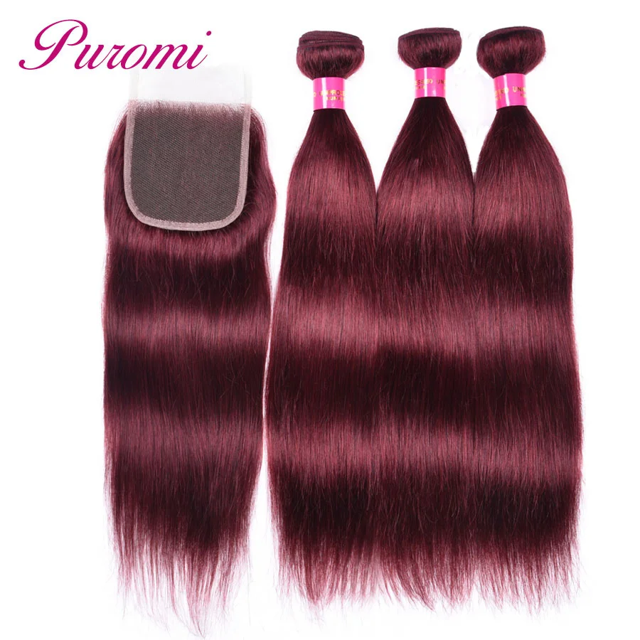 Puromi 3 Bundle Deals Brazilian Hair with Closure Haar Extension 99j Straight Hair with Closure Non Remy Extension Cheveux