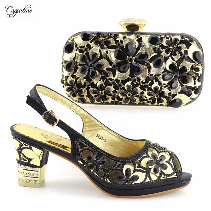 

Excellent black evening party high heel sandal shoes with handbag set with stones 5683-5