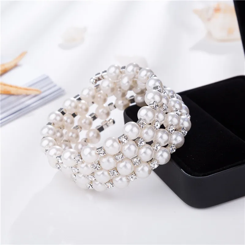 Элегантные Многослойные браслеты с искусственным жемчугом и кристаллами для женщин, широкие плетеные Свадебные ювелирные изделия для невесты, женские браслеты